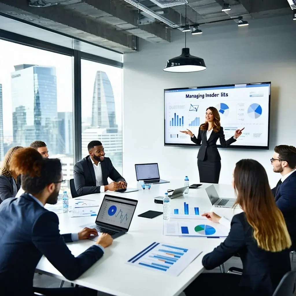 The image depicts a modern office environment where a diverse group of professionals is engaged in a collaborative meeting A large conference table is surrounded by men and women in business attire with laptops and documents spread out bef